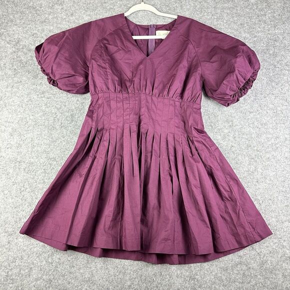 Pinch Mini Dress Womens Med Purple Pintuck Pleated Puff Sleeve Zip Boho Preppy - Picture 1 of 16